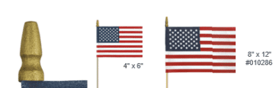 Two small American flags on sticks, each measuring 4 by 6 inches.