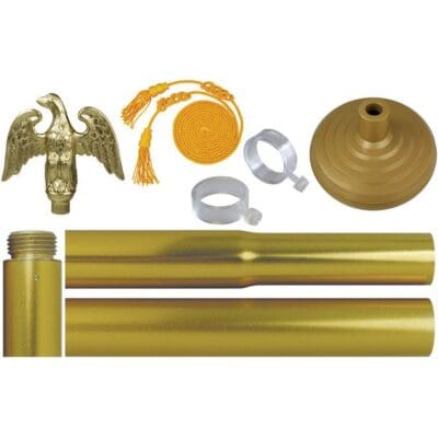 Components of a flagpole kit including finials, rings, and pole sections.