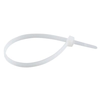 A white plastic cable tie with a locking mechanism.