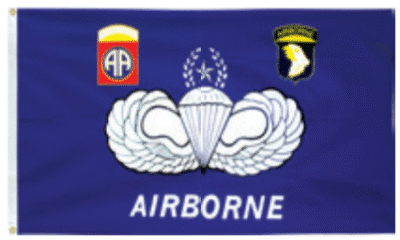 Military airborne wings insignia with division patches on blue background.