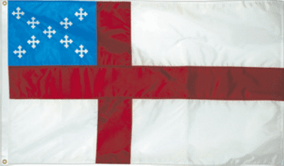 Flag with a red cross on white and blue sections with white crosses.
