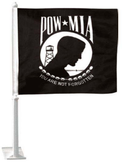 Black POW-MIA flag with white silhouette and text.
