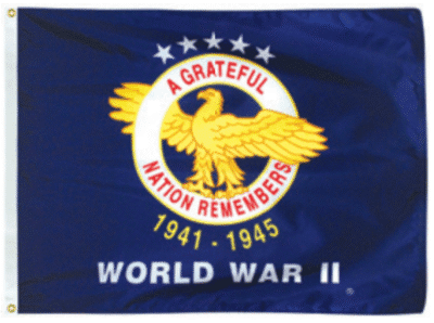 Flag honoring World War II veterans with eagle and stars.